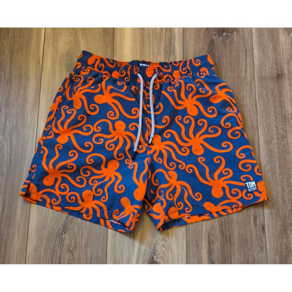 Tom & Teddy Octopus Lined Swim Trunks Men's Size Small Orange Blue